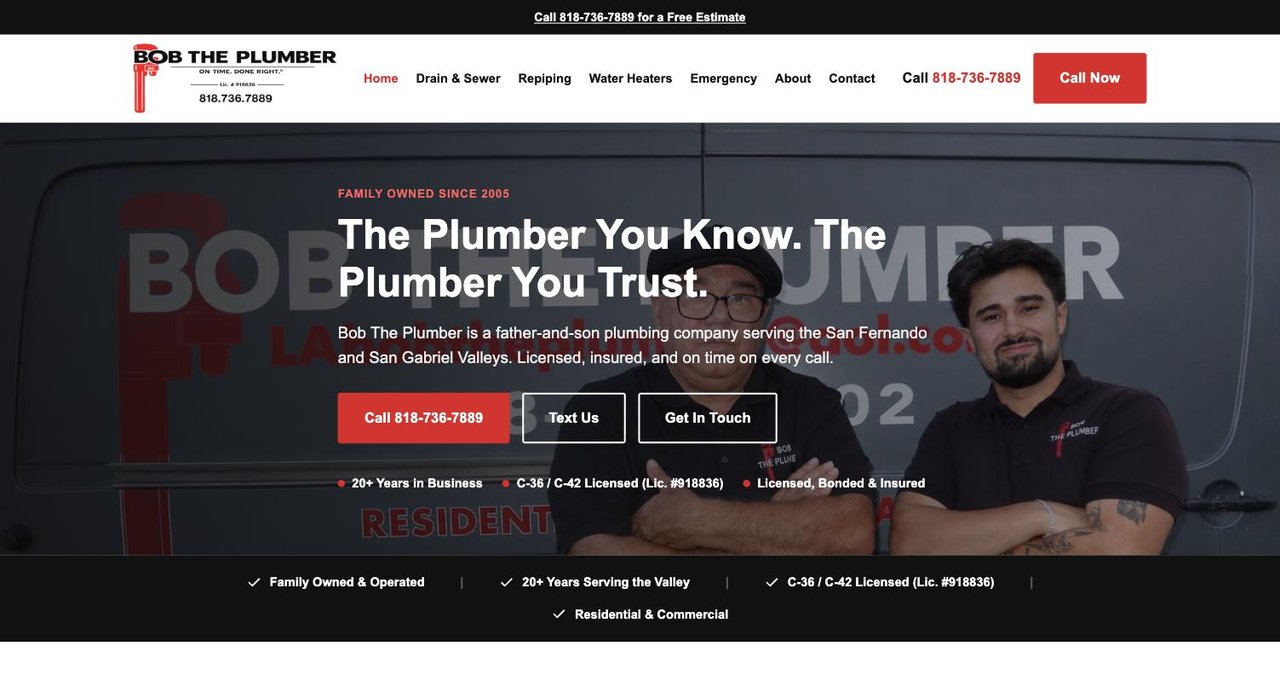 Bob The Plumber — plumbing company website for the San Fernando and San Gabriel Valleys